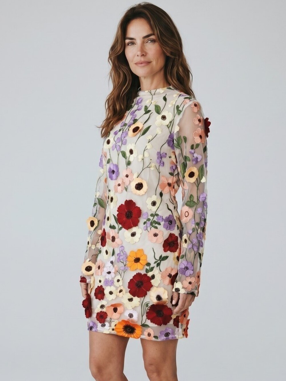 Embroidered Floral Sheer Mini Dress - Multi Floral 1051